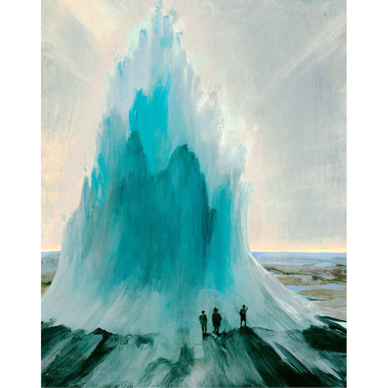 a mountain of rushing water shoots into the sky, displaying vivid icy blues. Tiny figures stand at the base, taking in the view.