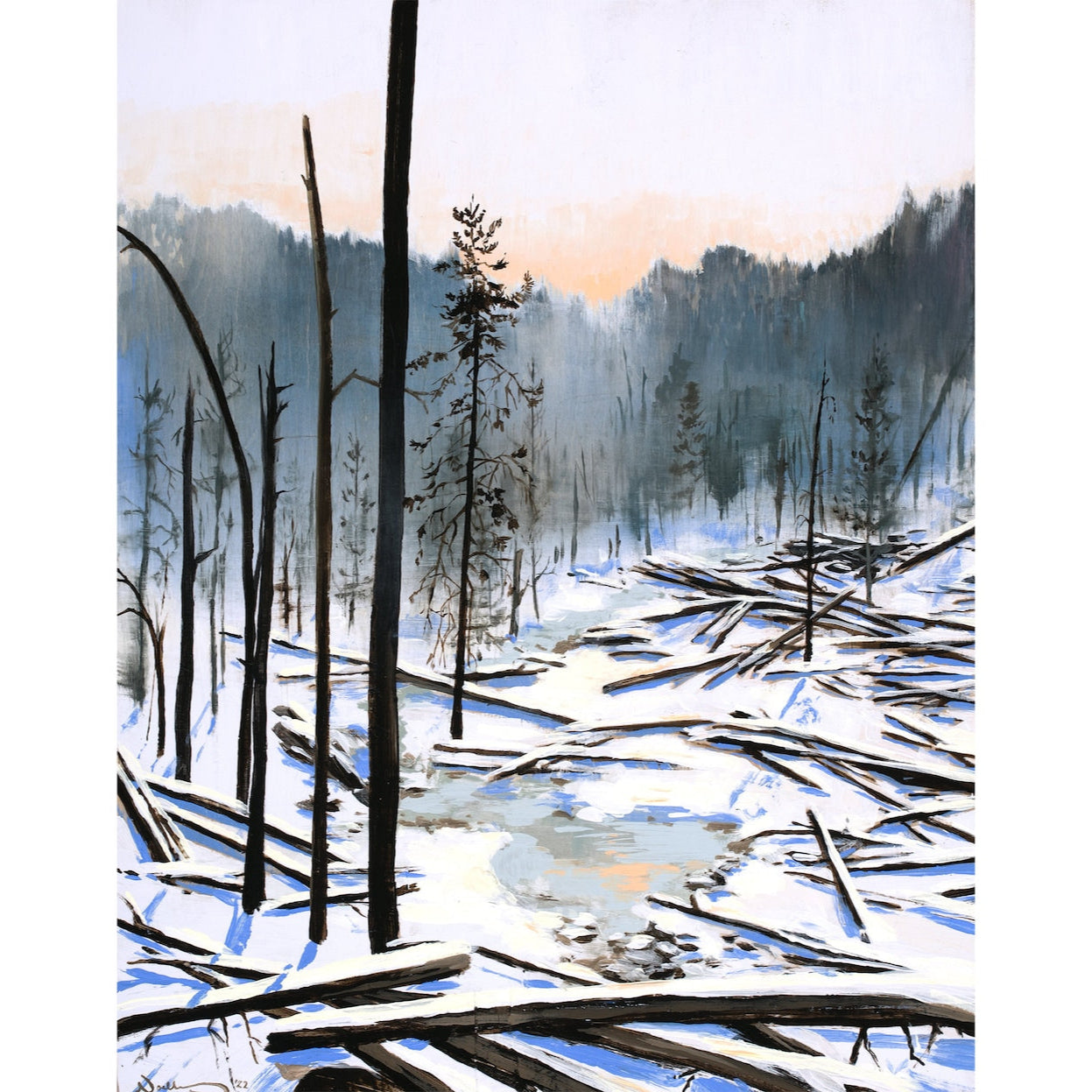 Painting featuring a snowy forest with fallen trees and ever greens in the background