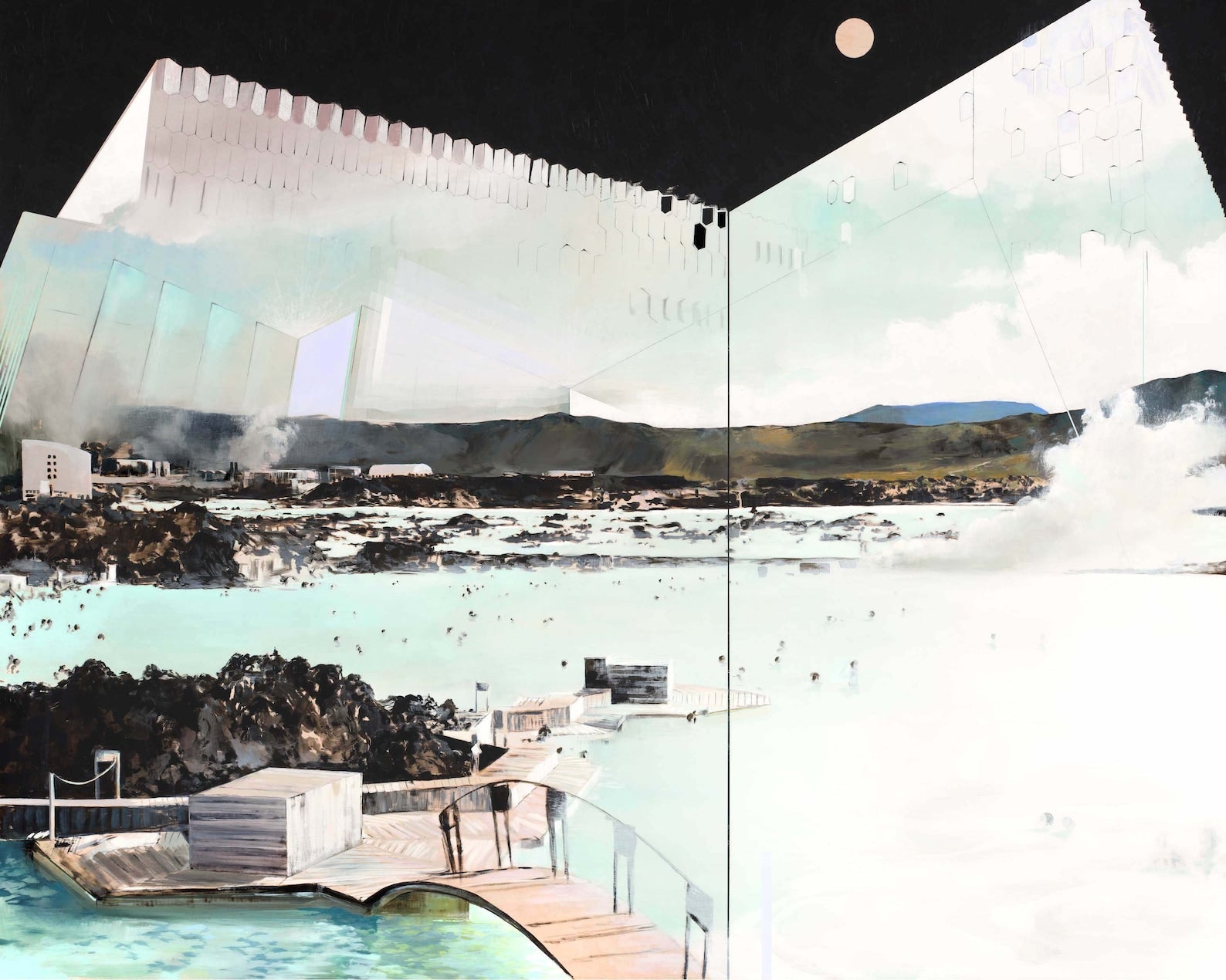 urban seaside landscape in pale blues with architectural elements.