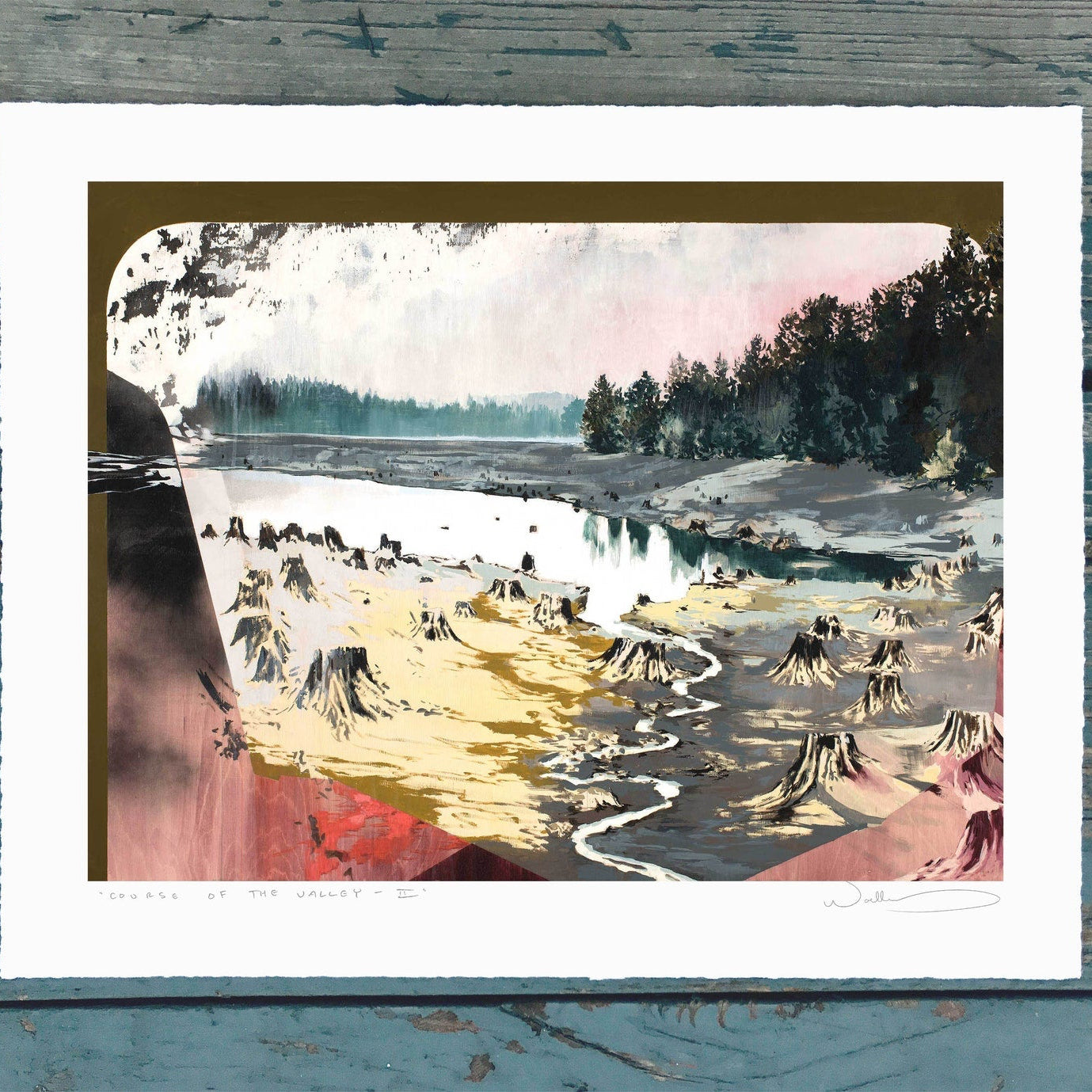 stark print of numerous tree stumps trailing down to the edge of a reflective pool of water. Forest can be seen in the distance.