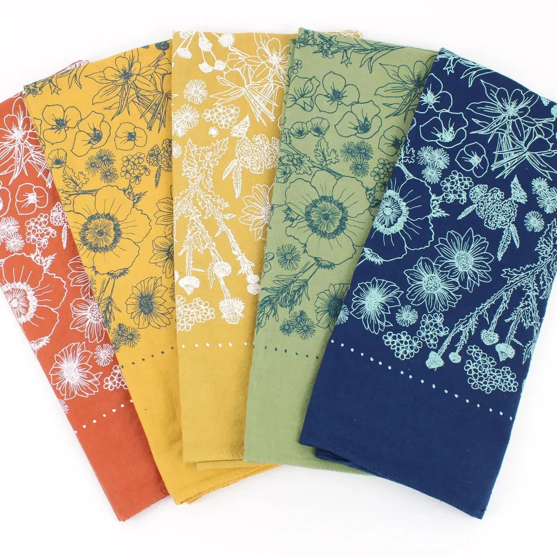hand dyed and screen printed bandanas in 5 different color ways