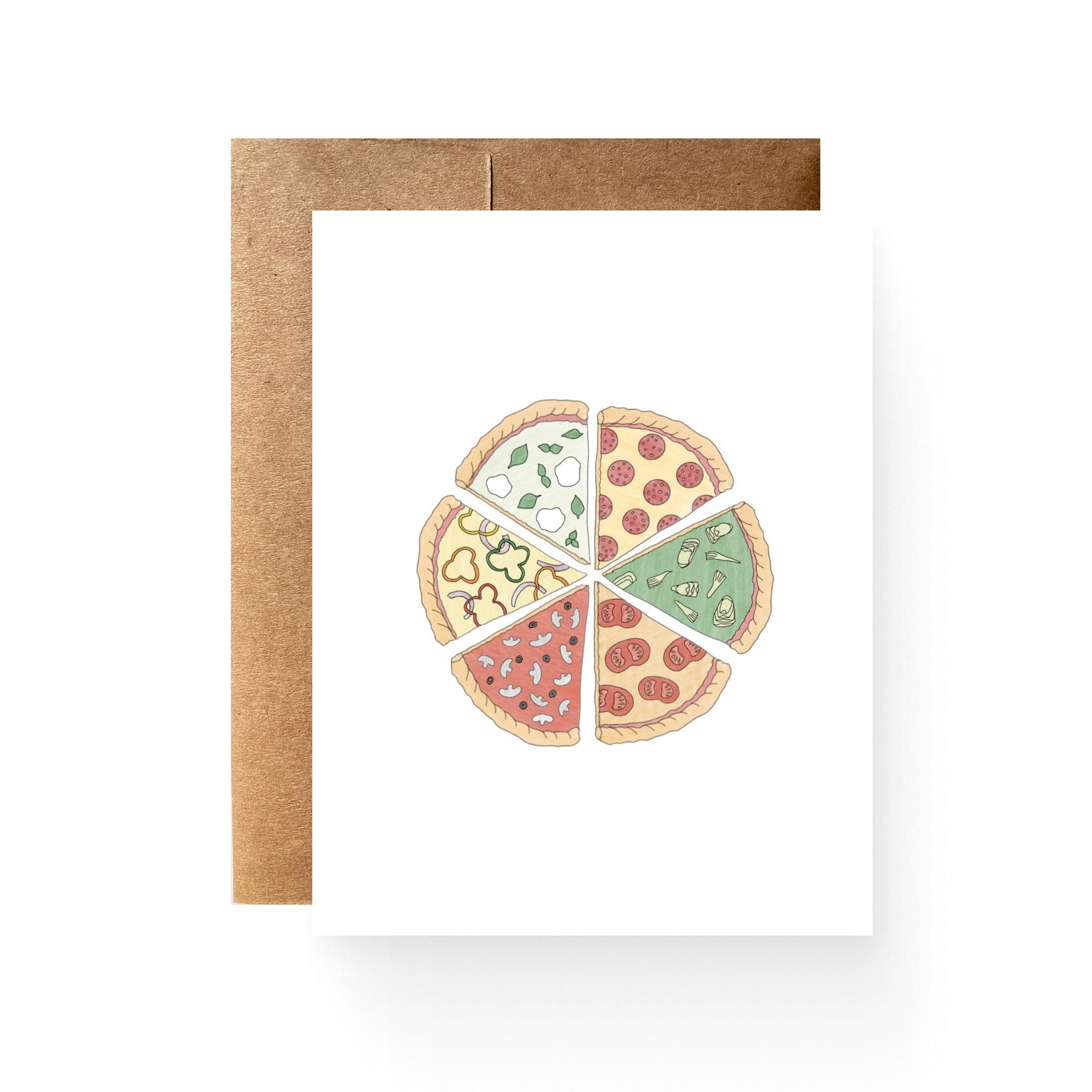 white card with 6 different pizza slices in a circle