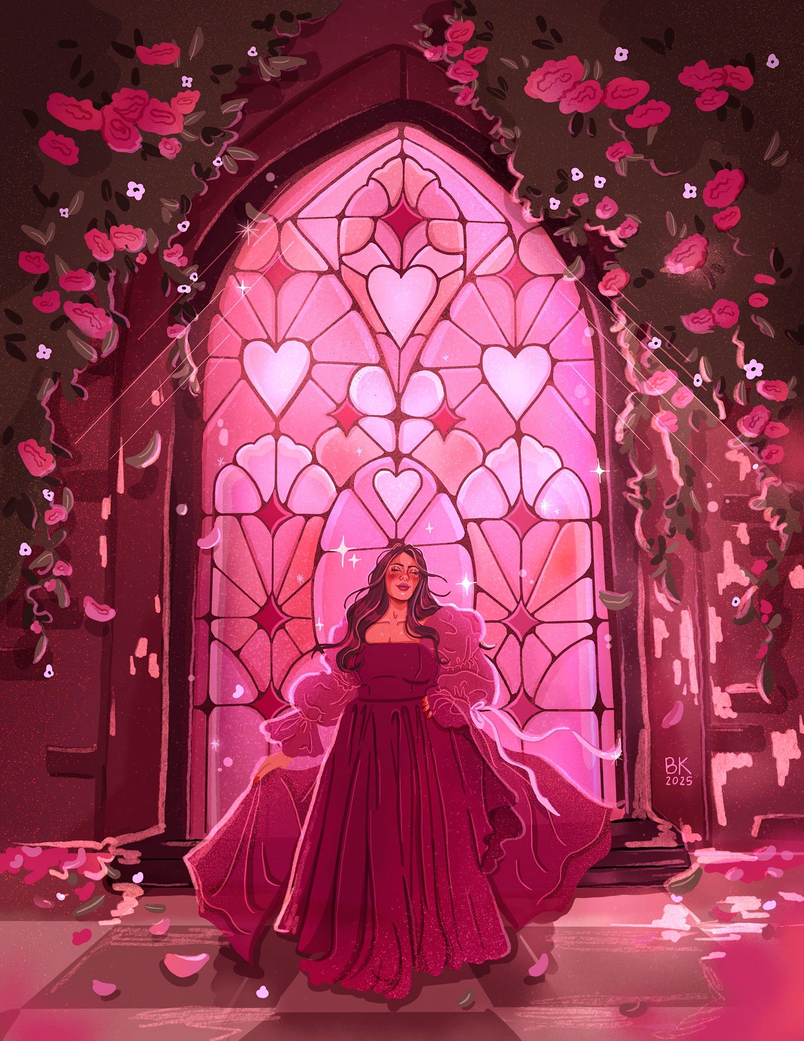 a print featuring a brunette woman in a hot pink flowy gown in front of a floor length pink stained glass window with rose bushes and vines framing the window