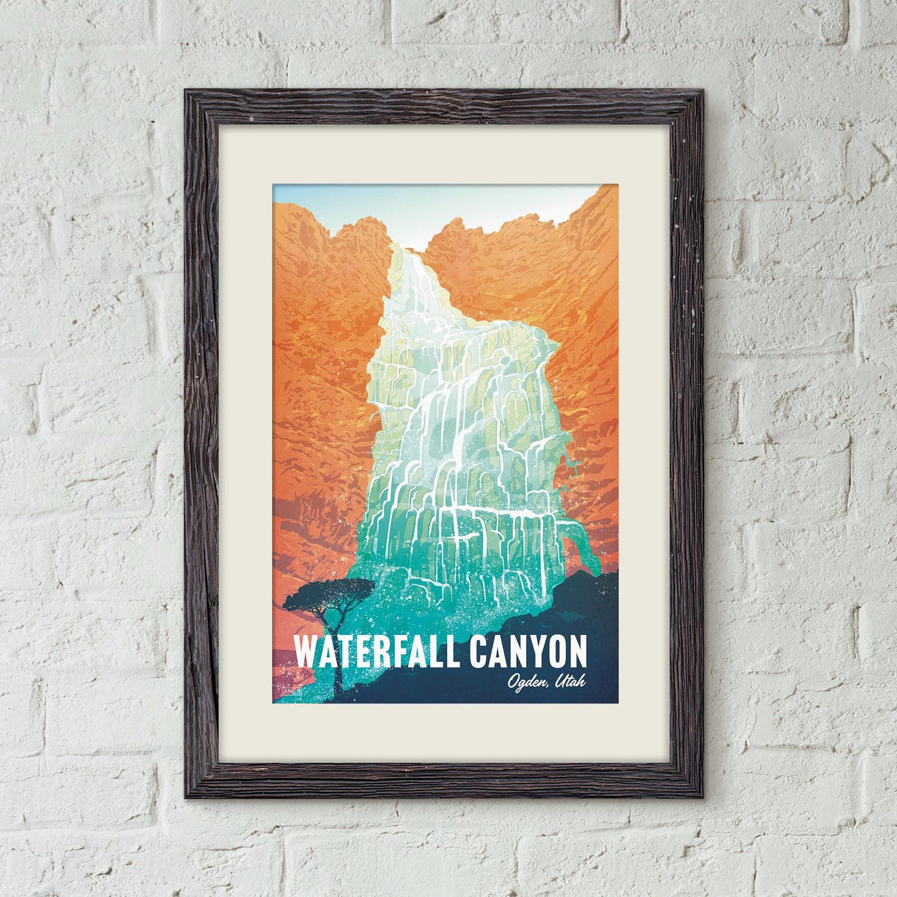 Illustrated print of a dramatic waterfall cascading over red rock.
