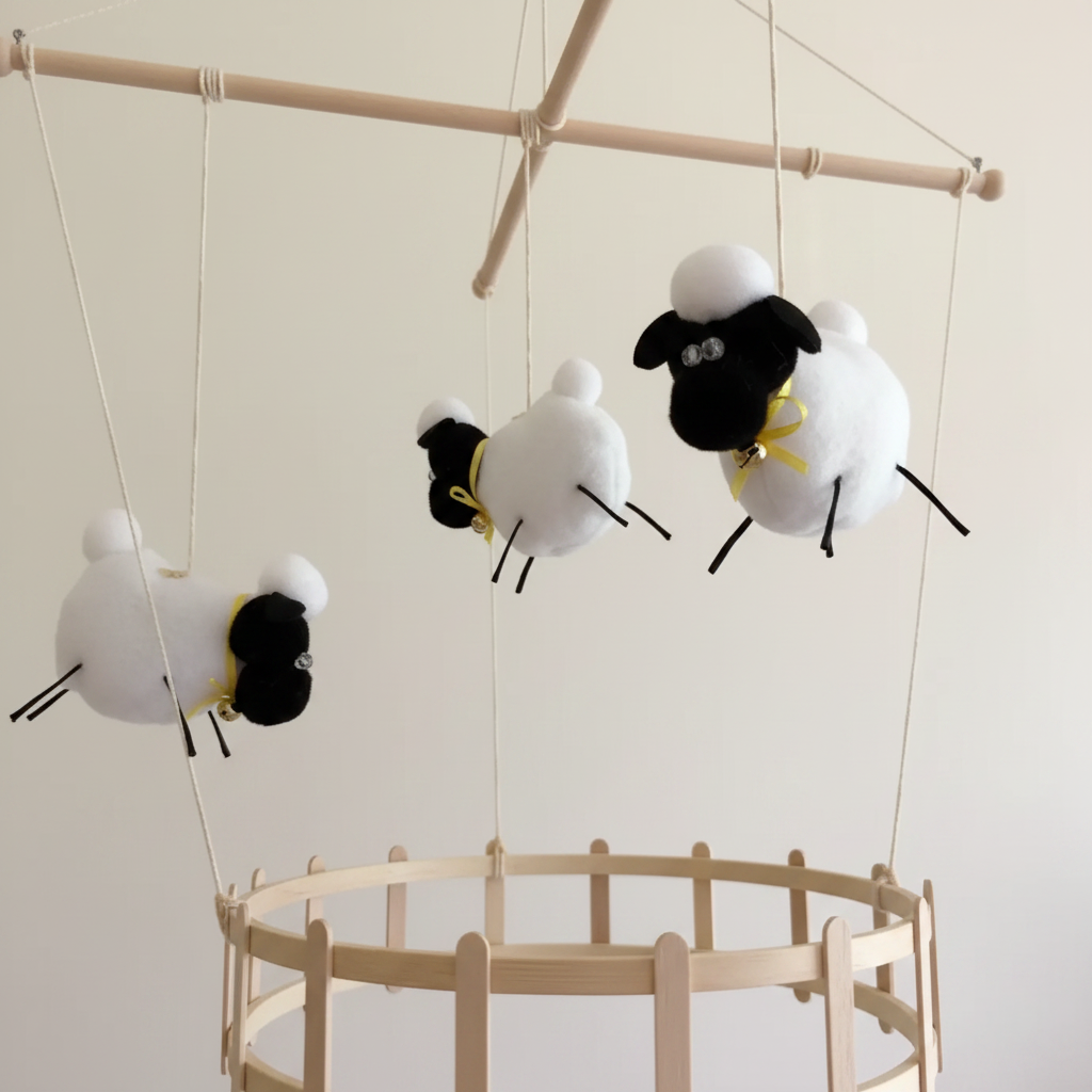 A handmade baby mobile features five fluffy white sheep with black faces and legs, each wearing a yellow ribbon, suspended by strings from a light wooden dowel. Below them hangs a small rectangular wooden fence structure crafted from sticks, all attached to a ceiling hook via a cord with wooden beads.