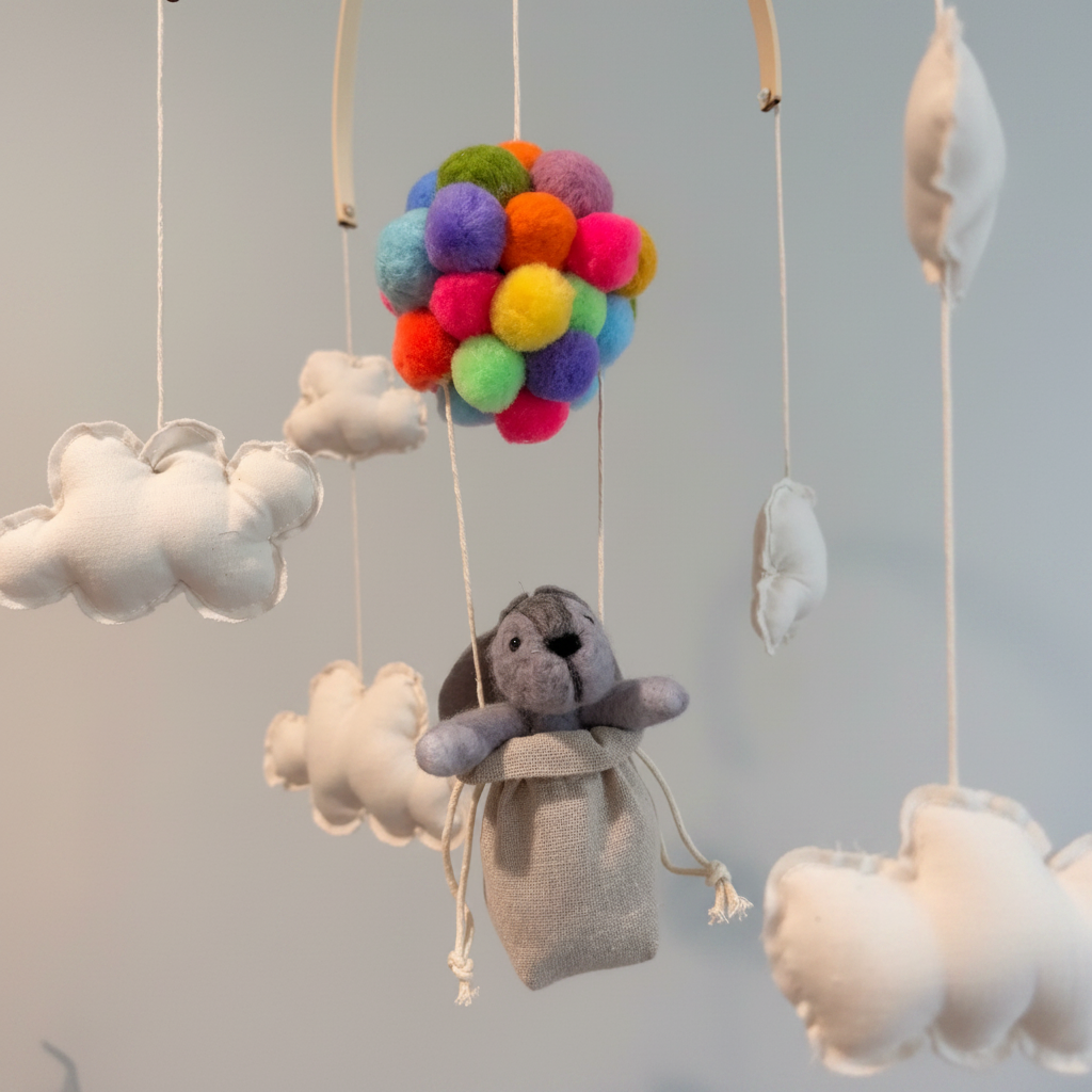 A handmade baby mobile features a light wooden arched frame topped with colorful felt triangular flags in rainbow hues. White fabric cloud shapes hang from the sides, while a vibrant cluster of multicolored pom-poms suspends a small gray plush animal inside a beige drawstring pouch in the center.