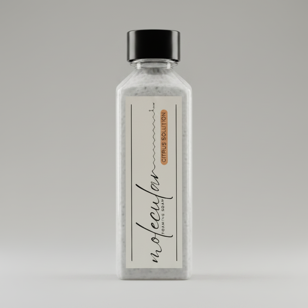 A hand holds a clear rectangular bottle of Nectar Foaming Soap labeled Citrus Solution The bottle contains a pale liquid and is photographed against a soft orange background.