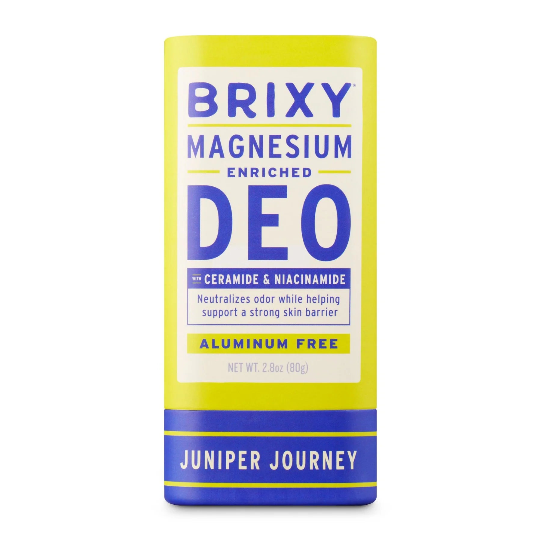 A bright yellow and blue stick of BRIXY Magnesium-Enriched Deodorant labeled "Juniper Journey" stands upright with bold, modern typography. The packaging highlights features like being aluminum-free and enriched with ceramide and niacinamide to support skin health and neutralize odor.