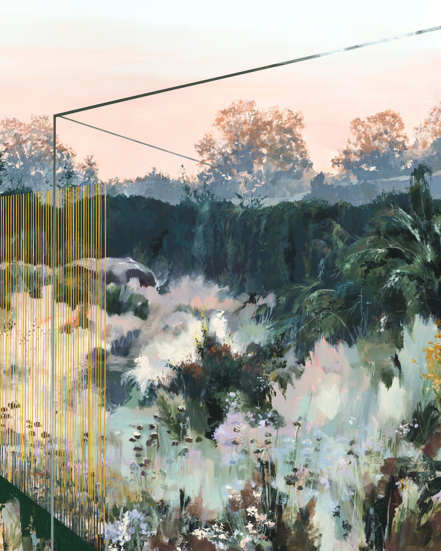 landscape done in dusty greens, blues, and pinks.