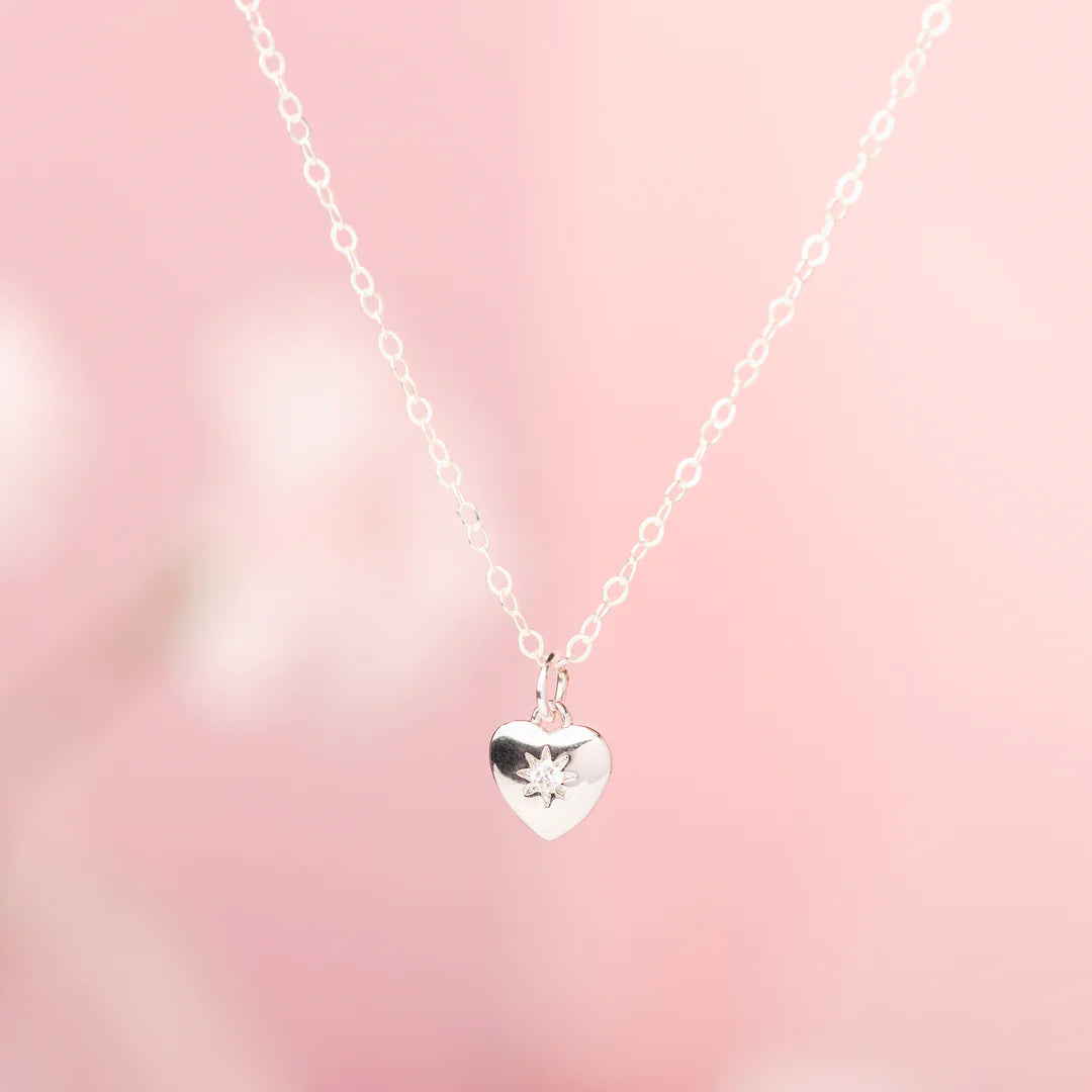 Silver Dainty Heart Necklace with a CZ Star Center