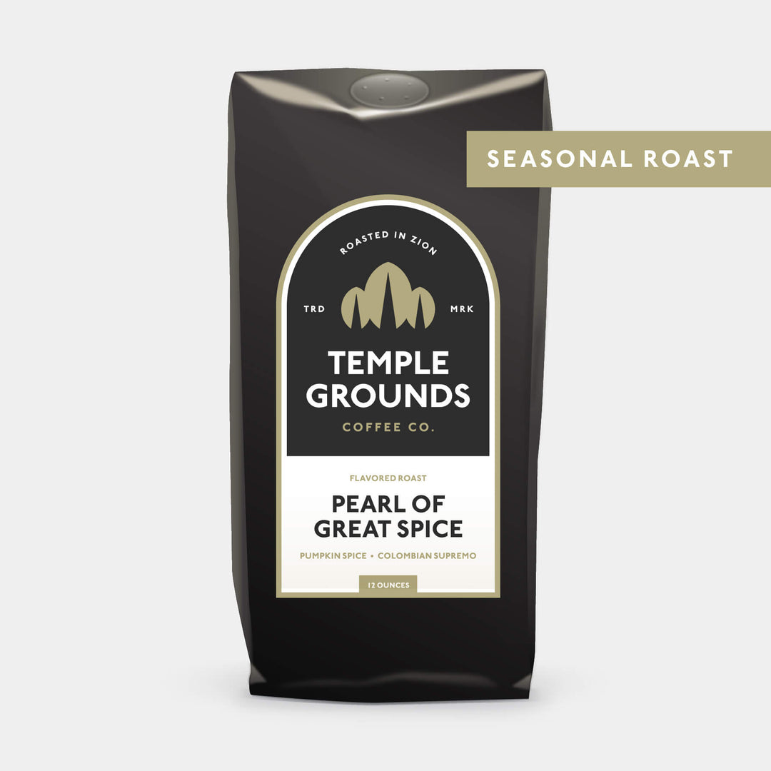 Temple Grounds Coffee Co. package for 'Pearl of Great Spice' on a light gray background