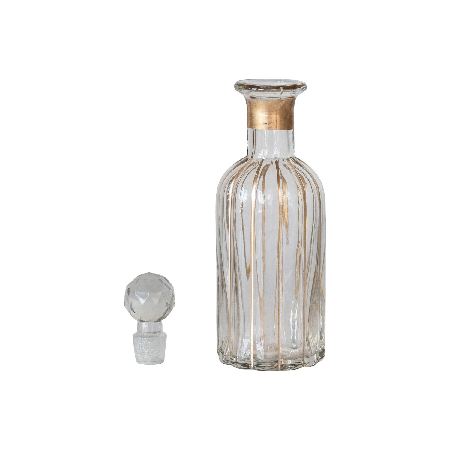 Blown Glass Fluted Decanter w/ Hand-Painted Gold Finish Stripes & Stopper