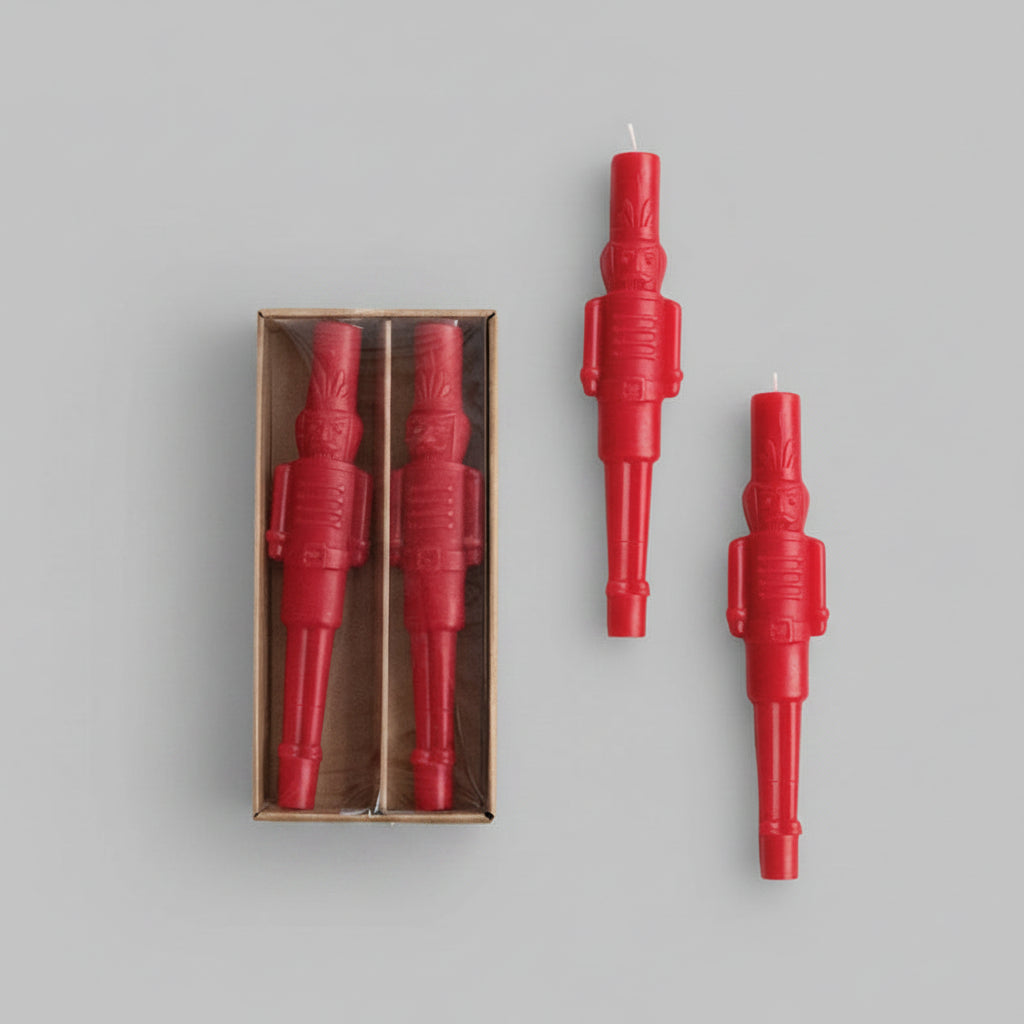 Unscented Nutcracker Shaped Taper Candles in Box, Red, Set of 2