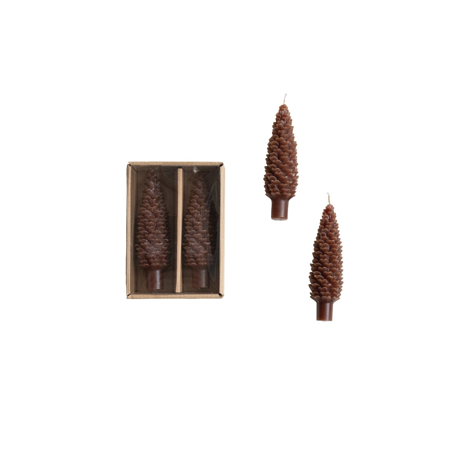 Set of decorative candles shaped like pine cones, one in a box on a white background