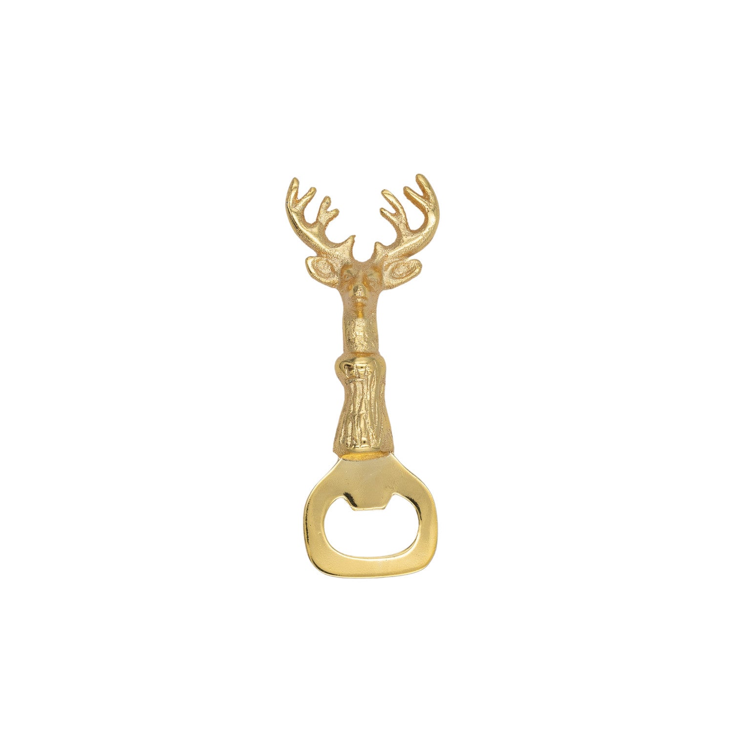 Gold deer-shaped bottle opener on a white background
