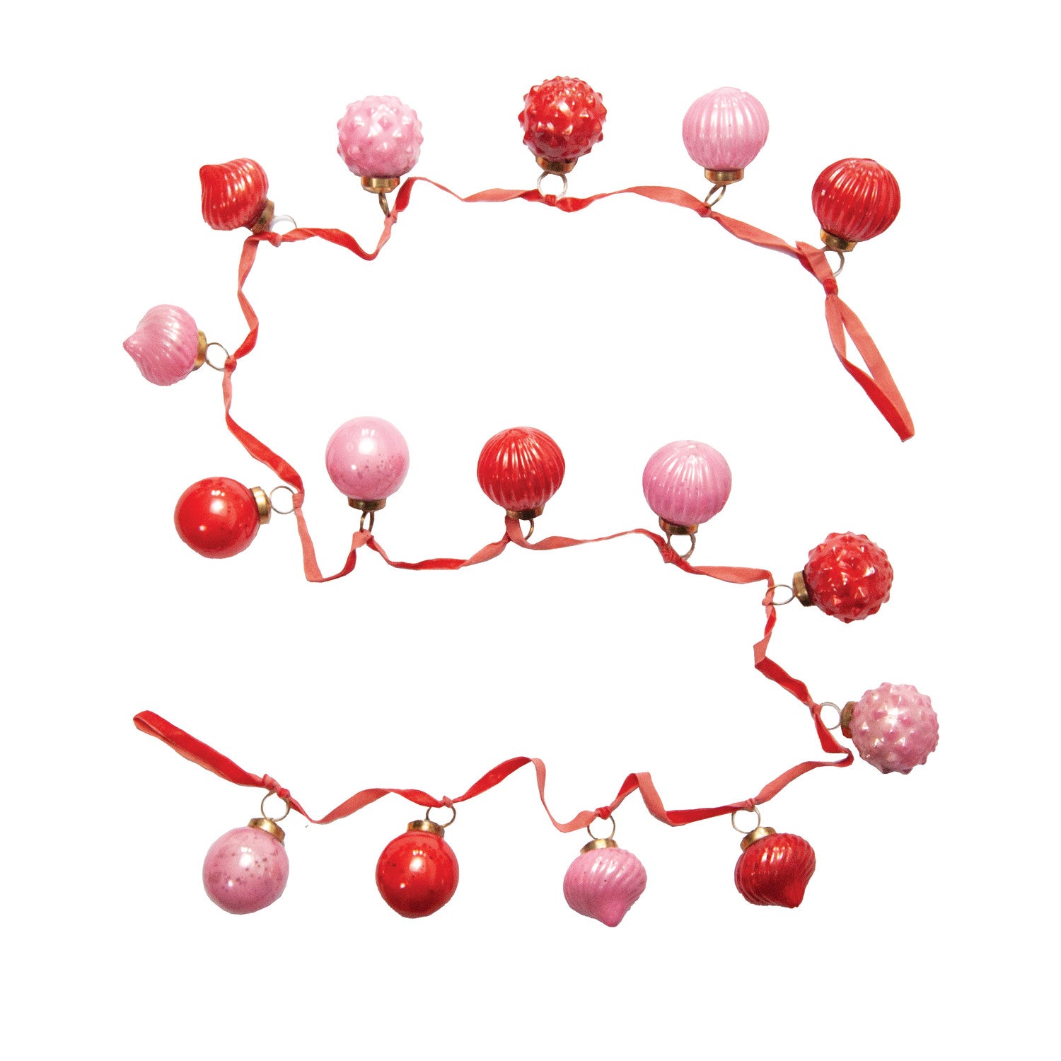 Decorative garland with red and pink ornaments on a white background