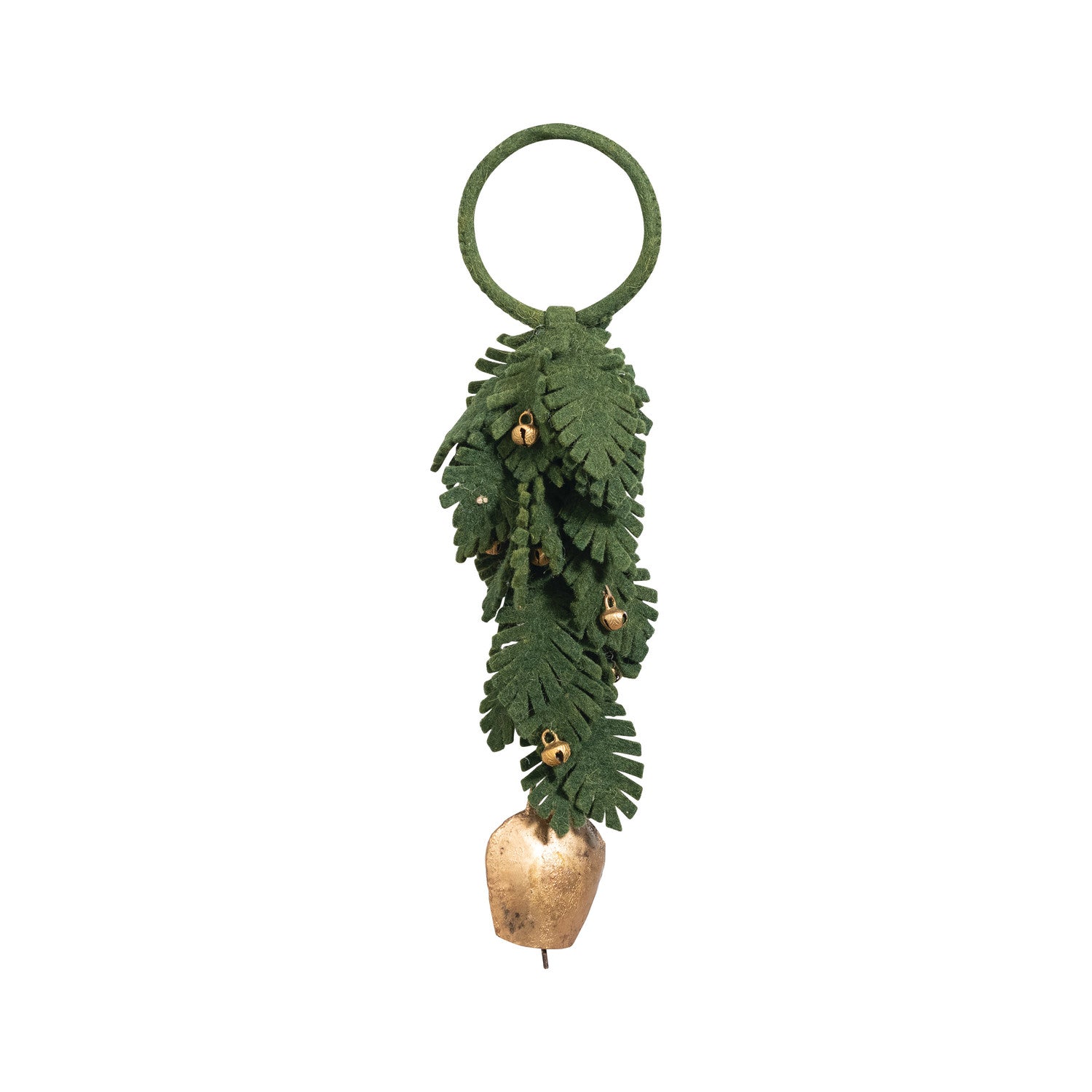 Wool Felt Holiday Greens and Metal Bells Door Hanger