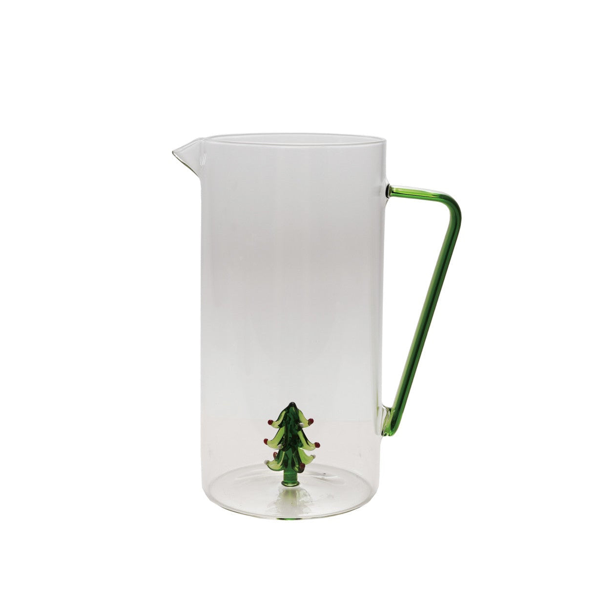 This hand-blown glass pitcher features a unique glass Christmas tree crafted right in its center, adding festive charm to your table. Perfect for holiday gatherings, its elegant design combines functionality with seasonal spirit, making every pour feel special and joyful.
Size: 3 Quart