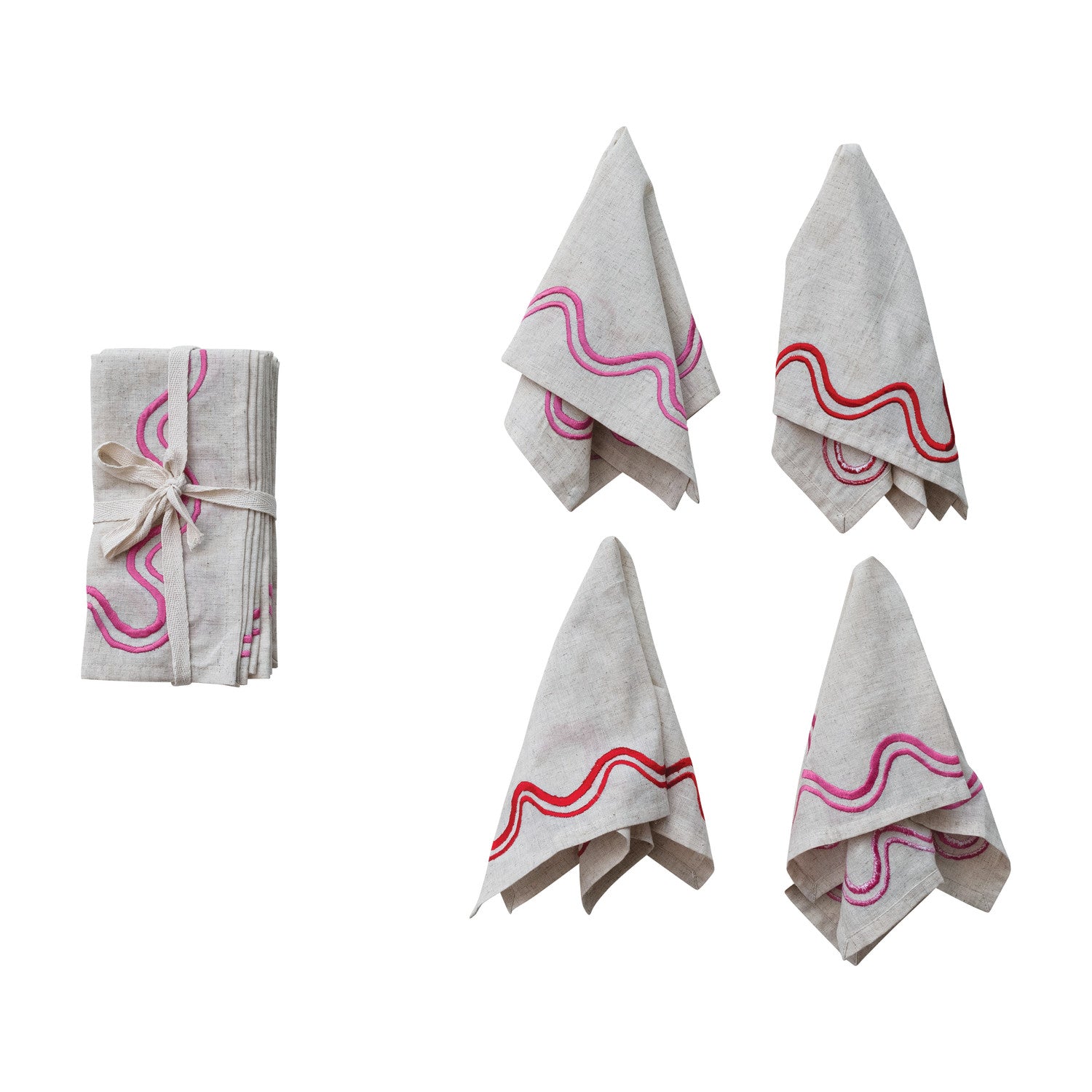 Napkins with red or pink  Embroidered Wavy Lines, Set of 4 Tied with Tape