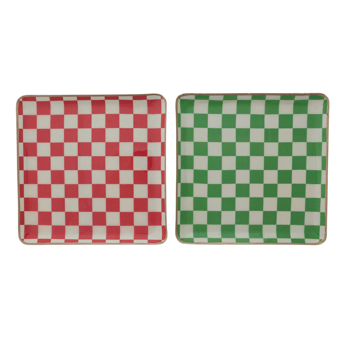 Enameled Metal Holiday Check Square Tray - 2 Colors. Bring a touch of festive warmth and classic charm to your home with this enameled metal holiday check square tray. Beautifully accented with elegant gold edges and available in two rich colors, it serves as a delightful piece for hosting cozy holiday gatherings or displaying your favorite seasonal accents.