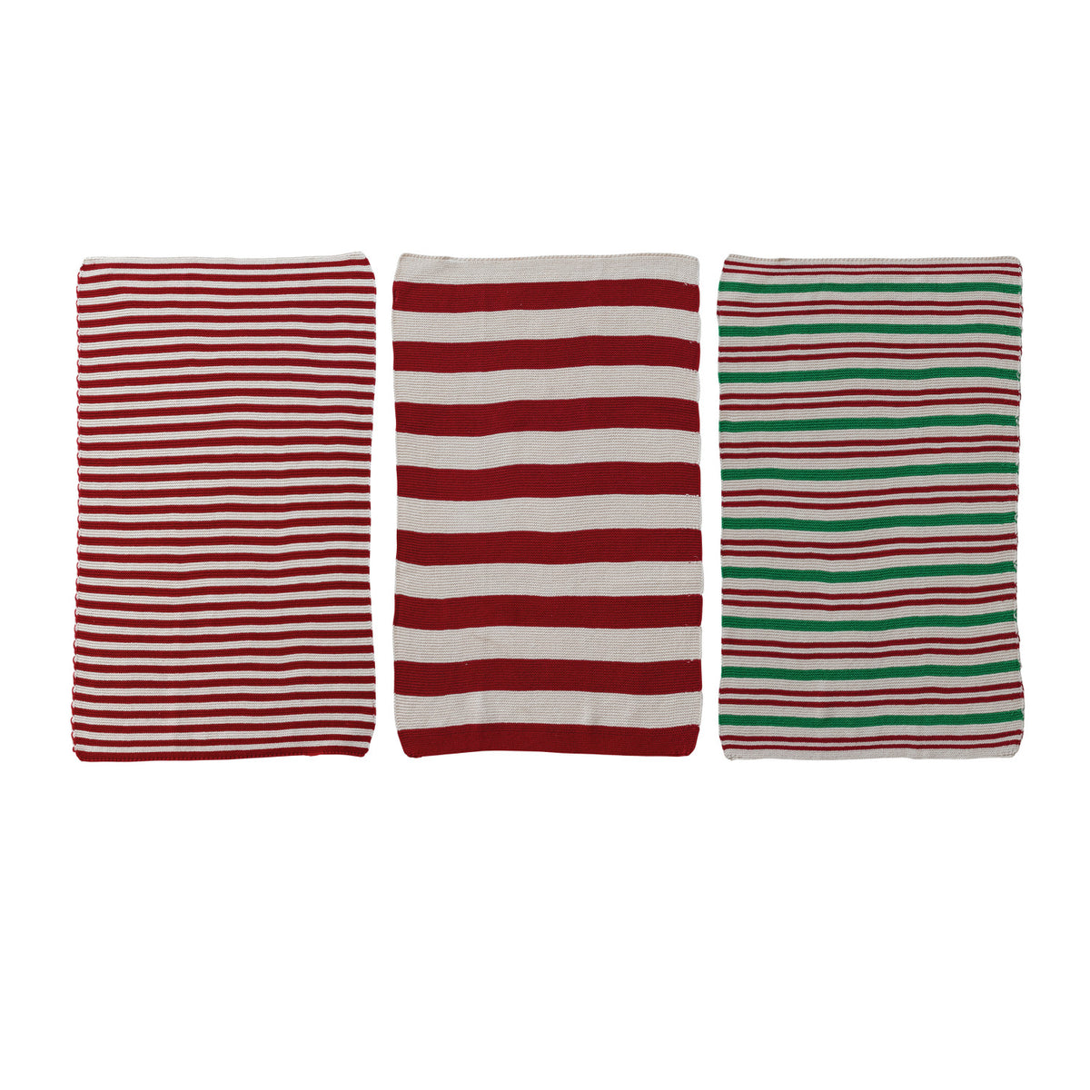 Holiday Stripe Knit Tea Towel - 3 Styles. Add a cozy, cheerful touch to your holiday kitchen with our Holiday Stripe Knit Tea Towels. Softly crafted from pure cotton knit and available in three classic striped designs, these charming towels offer both everyday functionality and a delightful festive accent to your home.