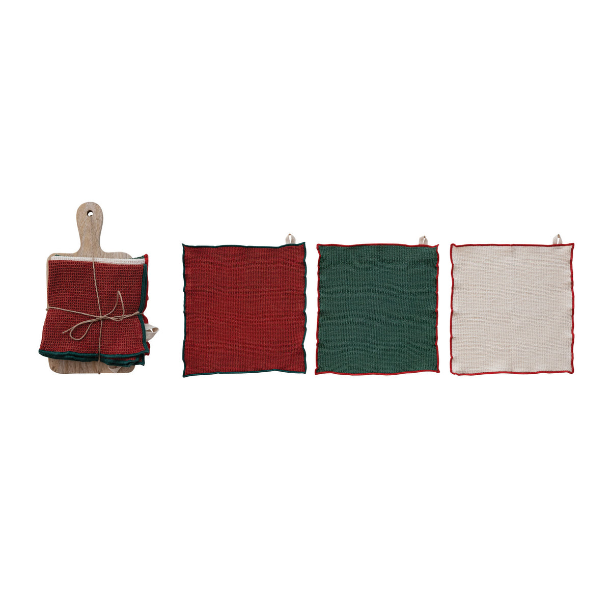 Holiday Dish Cloth & Serving Board Set. Bring cozy charm and thoughtful convenience to your kitchen with this Holiday Dish Cloth & Serving Board Set. Featuring three soft, stitched-edge dish cloths neatly paired with a rustic wooden serving board and tied with natural jute, this delightful set makes hosting and gift-giving effortlessly warm and festive.