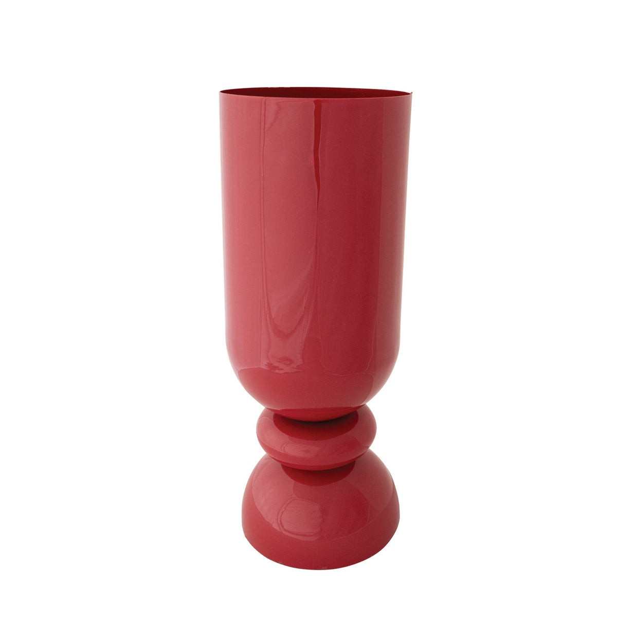 Enameled Metal Footed Vase - Cranberry. Add a touch of rich, cozy elegance to your home with our Enameled Metal Footed Vase in a lovely cranberry finish. Perfectly designed to showcase your favorite seasonal florals or greenery, this charming piece brings warmth and timeless beauty to any tabletop or display.