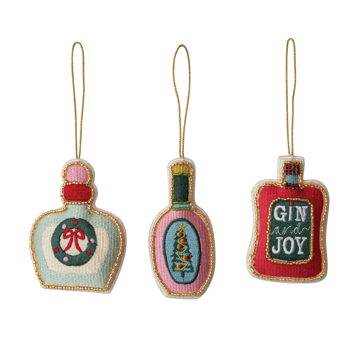 Embroidered Bottle Ornament - 3 Styles. Add a touch of handcrafted charm and celebration to your holiday decor with our Embroidered Bottle Ornaments. Beautifully crafted from soft fabric with intricate embroidery and delicate beadwork, these whimsical bottle ornaments bring warmth, joy, and festive spirit to any tree or gift wrap.
