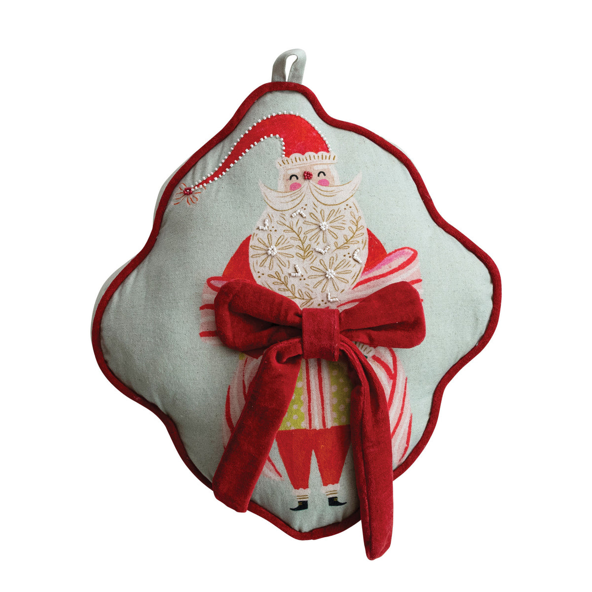 Velvet Bowed Santa Pillow. Bring cozy holiday cheer and festive warmth to your home with our Velvet Bowed Santa Pillow. Crafted from a soft cotton and linen blend, this charming diamond-shaped pillow features a delightful Santa print, elegant scalloped edges, and a rich velvet bow accent that adds the perfect touch of seasonal comfort to any sofa, chair, or bed.