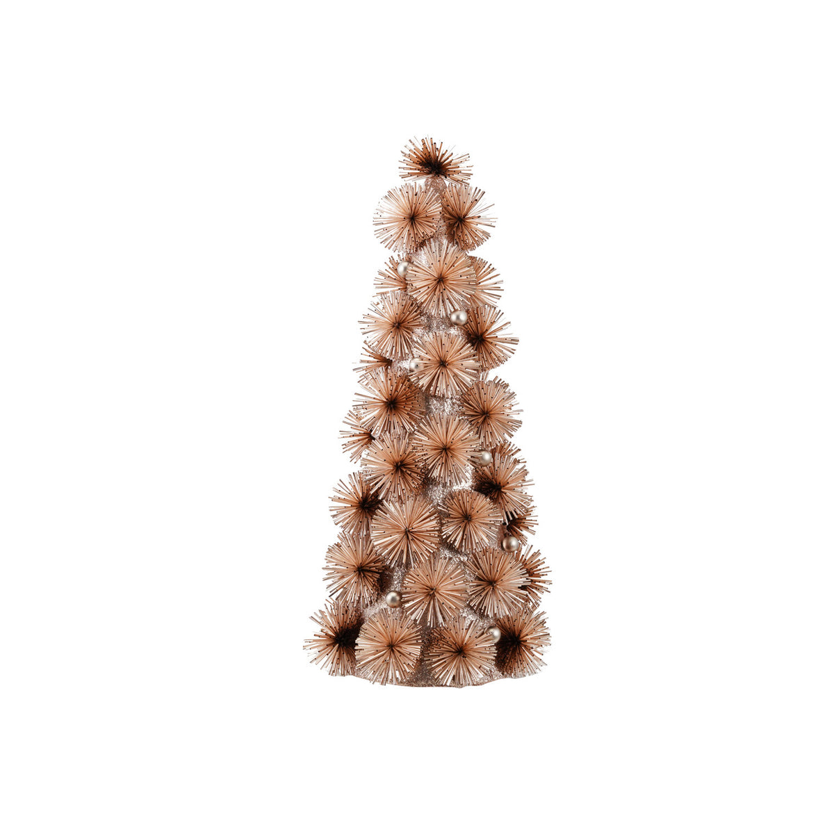 Blush Tinsel Ball Tree - Large. Add a gentle touch of festive cheer to your space with our Blush Tinsel Ball Tree. Beautifully designed with delicate blush tones, sparkling glitter, and subtle silver-colored beads, this large tabletop tree brings a soft, welcoming glow and charming holiday magic to any room in your home.