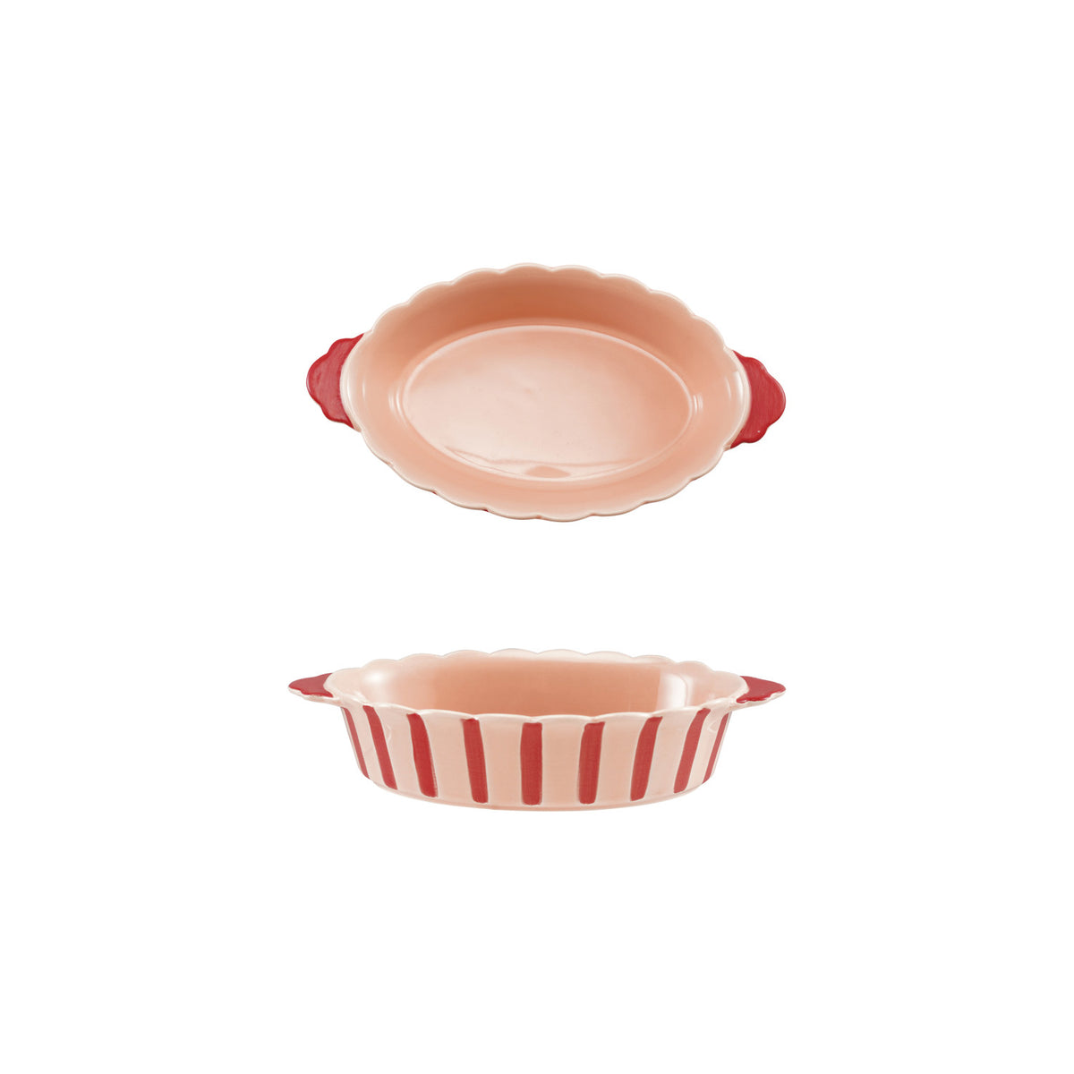 Scalloped & Striped Stoneware Baker. Bring a cozy, heartfelt touch to your kitchen with our Scalloped & Striped Stoneware Baker. Perfect for baking and serving your favorite small-batch treats, this charming 2-1/4 cup dish features lovely stripes and sweet scalloped edges designed to make every meal feel extra special.