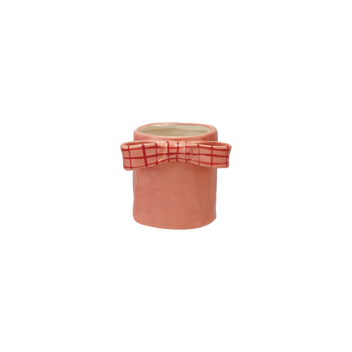 Plaid Bow Stoneware Planter. Bring a delightful touch of cozy charm to your home with our Plaid Bow Stoneware Planter. Perfectly sized to hold a 3-inch pot, this lovely piece features a sweet plaid pattern bow detail that adds warmth and festive cheer to any windowsill, desk, or tabletop.