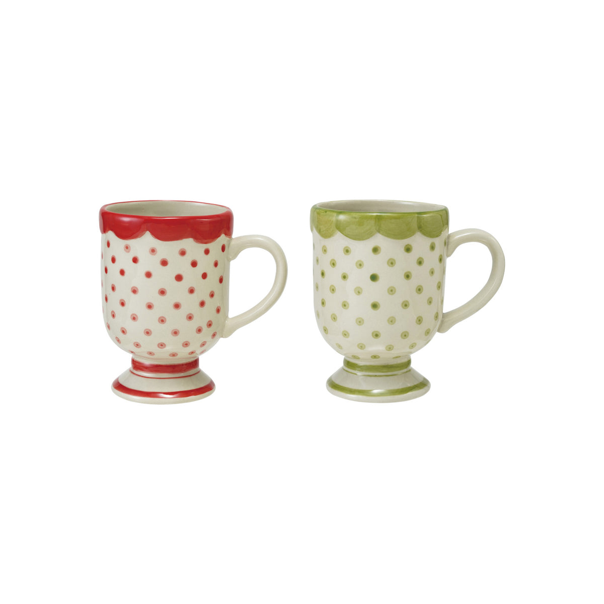 Merry Scalloped Stoneware Mug - 2 Colors. Cozy up with your favorite hot drink in our Merry Scalloped Stoneware Mug, lovingly detailed with charming polka dots, stripes, and a sweet scalloped rim to bring warmth and joy to your quiet moments.