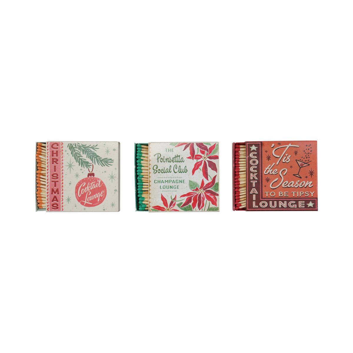 Holiday Cocktail Lounge Matches – 3 Styles. Light up your festive celebrations with our Holiday Cocktail Lounge Matches. Encased in beautifully embossed matchboxes featuring festive bar-inspired sayings and designs, these safety matches add a cozy, playful touch to your seasonal gatherings and candlelit moments.
