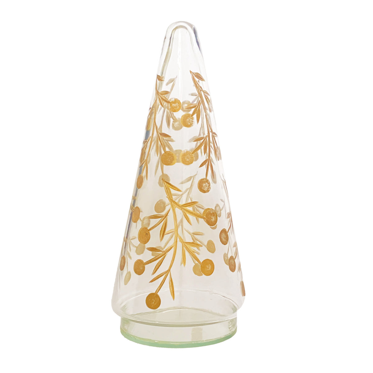 Gold Etched Glass Tree. Add an elegant touch of holiday magic to your home with our Gold Etched Glass Tree. Beautifully hand-blown with intricate etched details and a radiant gold finish, this charming piece brings warmth, sophistication, and a gentle festive glow to any space.