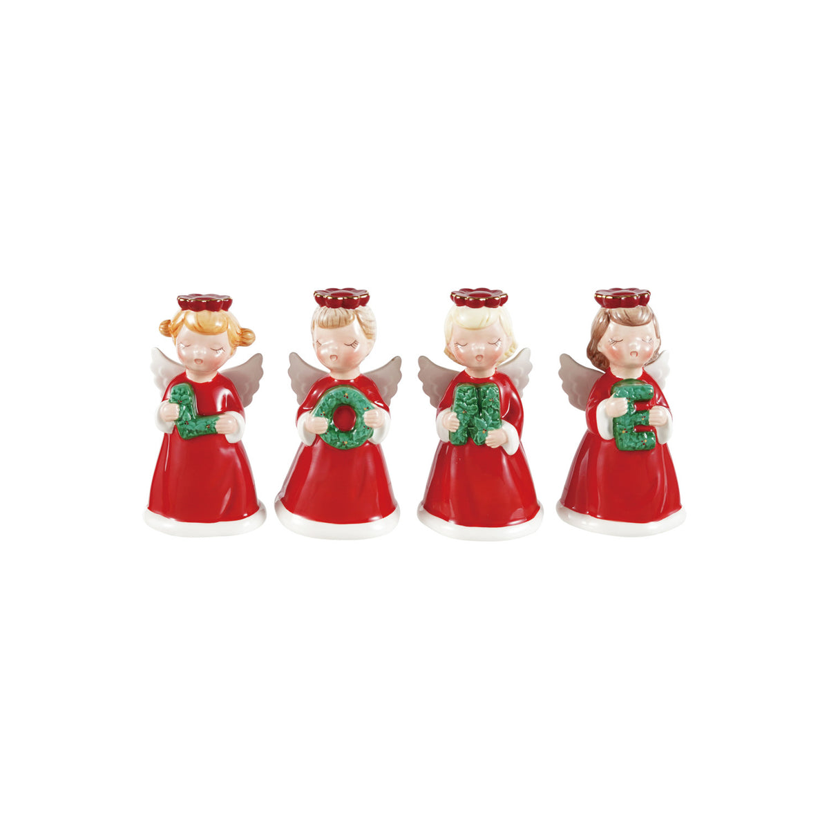 Ceramic Vintage Reproduction Angel. Bring nostalgic holiday cheer to your home with these charming Ceramic Vintage Reproduction Angels. Holding letter-shaped wreaths that spell out "NOEL," this set of four sweet figurines adds a warm, timeless touch of joy and peace to your seasonal decor.