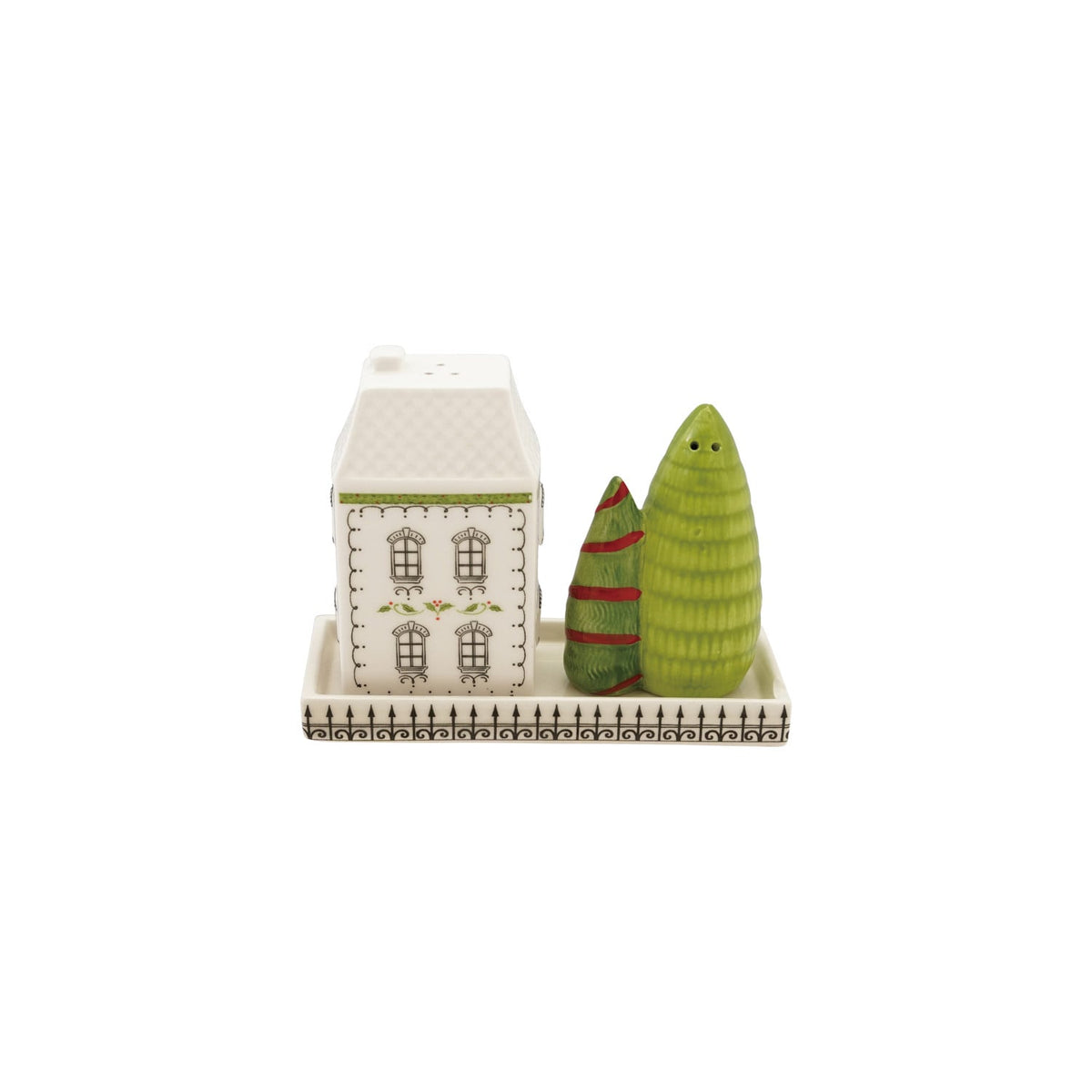 Ceramic Holiday Street Salt & Pepper Shaker Set. Bring festive warmth and cozy charm to your dining table with this Ceramic Holiday Street Salt & Pepper Shaker Set. Complete with cute house and tree shakers on their own matching tray, it adds a delightful seasonal touch to every shared meal.