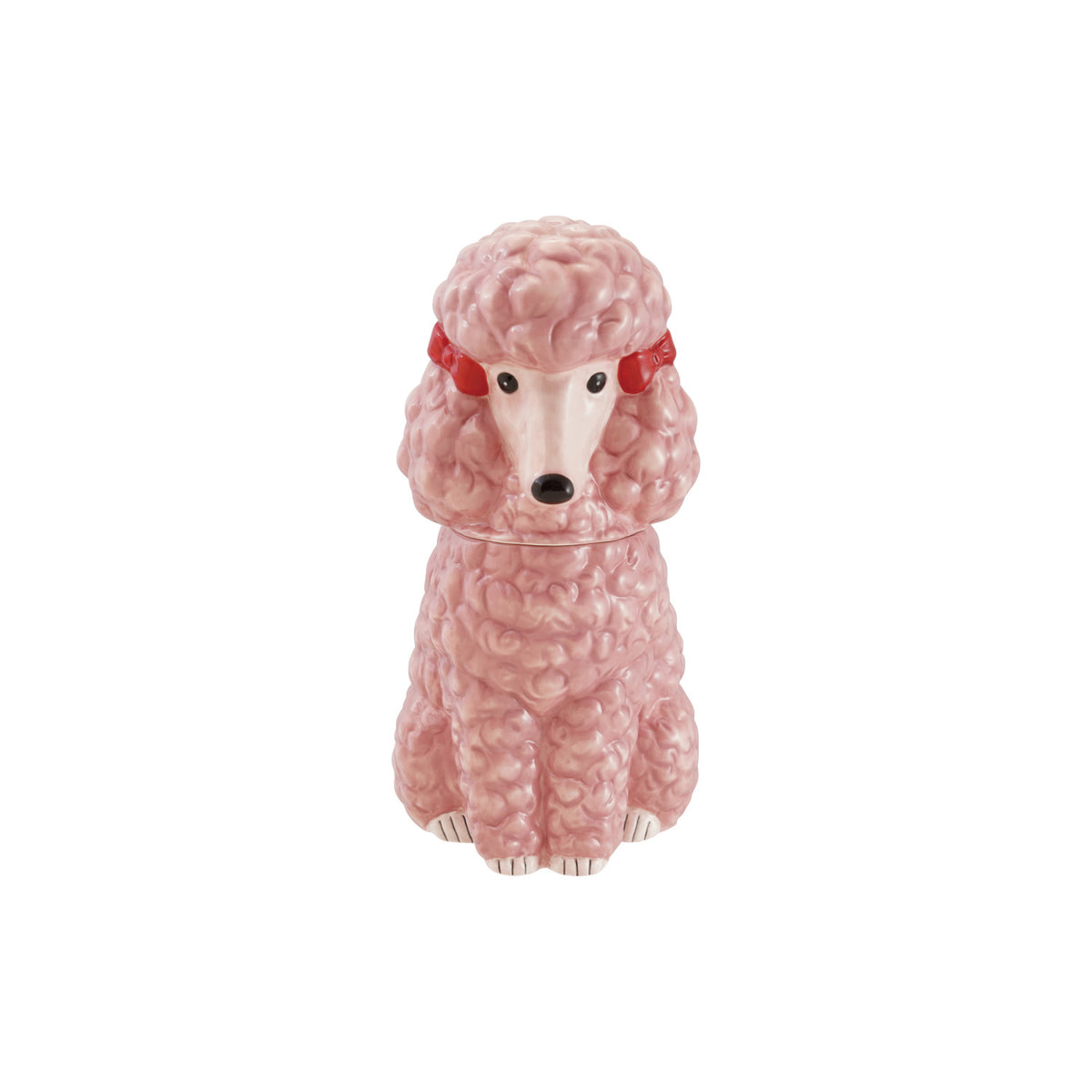 Ceramic Pink Poodle Cookie Jar. Add a touch of playful charm to your kitchen counter with our Ceramic Pink Poodle Cookie Jar. Sweetly detailed with darling bows, this delightful piece keeps your favorite treats fresh while bringing pure joy and warmth to your home.