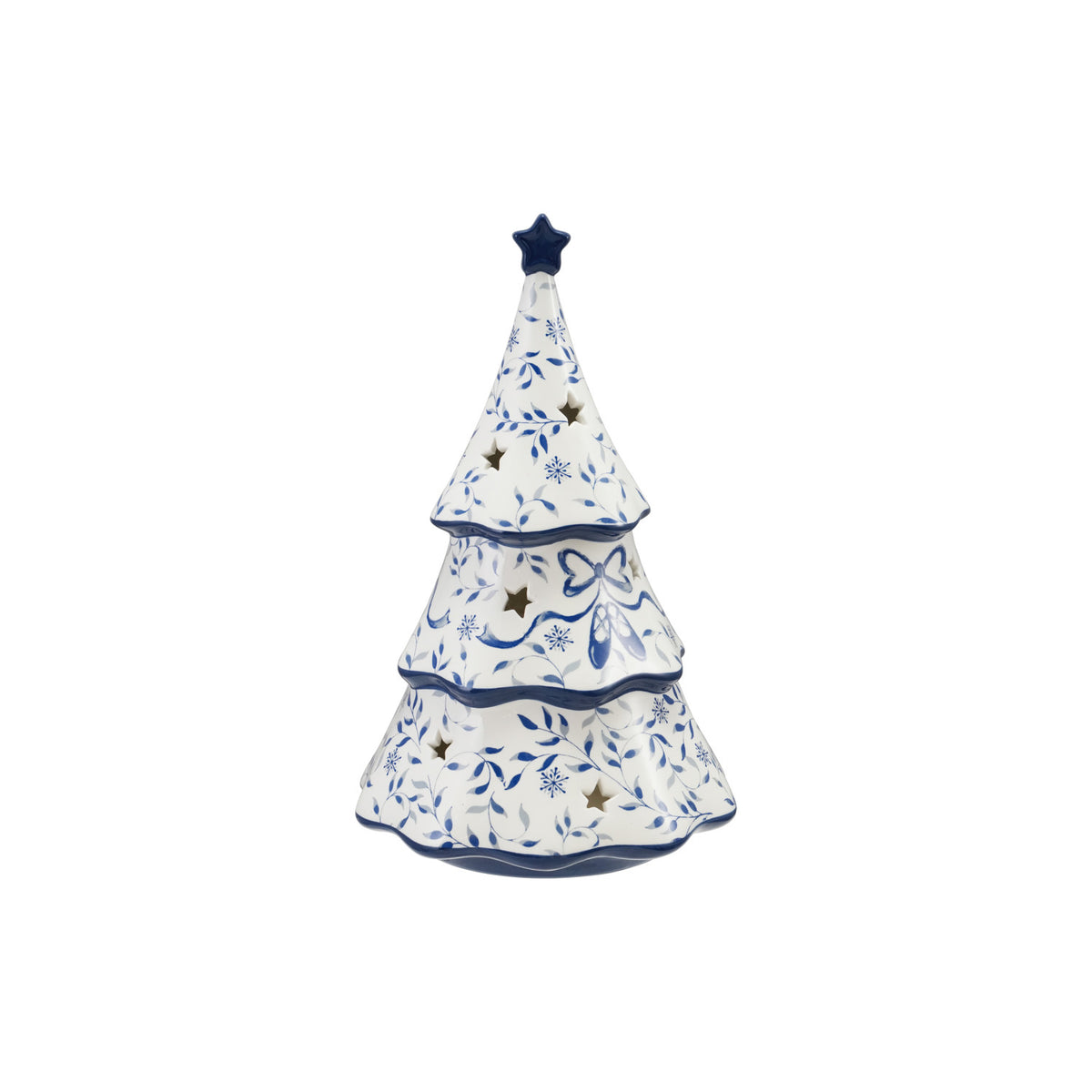 Blue & White Botanical Ceramic Tree. Brighten your home with the cozy glow of our Blue & White Botanical Ceramic Tree. Featuring charming star cut-outs and a soft LED light, this lovely accent piece brings warmth, peace, and holiday magic to any space.