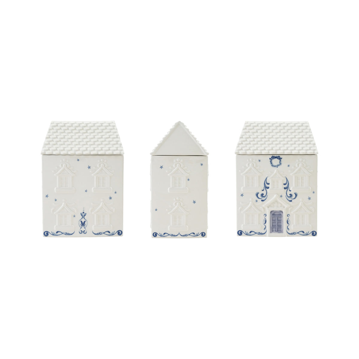 Blue & White Ceramic Holiday House Cookie Jar. Add a touch of holiday magic and cozy charm to your kitchen with our Blue & White Ceramic Holiday House Cookie Jar. Beautifully crafted with delicate star cut-outs and a festive wreath design, this sweet piece is perfect for keeping your favorite seasonal treats fresh while bringing warmth, joy, and delight to your home.