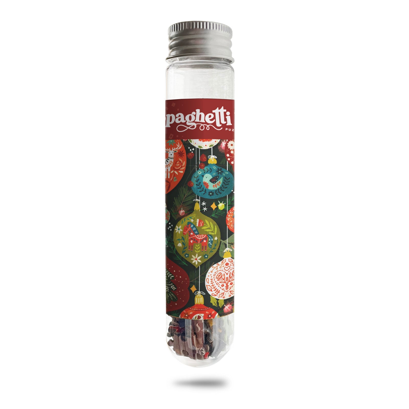 Small plastic tube with label depicting an ornament puzzle design. Rich warm colors and different sized ornaments.