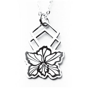 A sterling silver necklace with a black and silver orchid flower design on a chain.