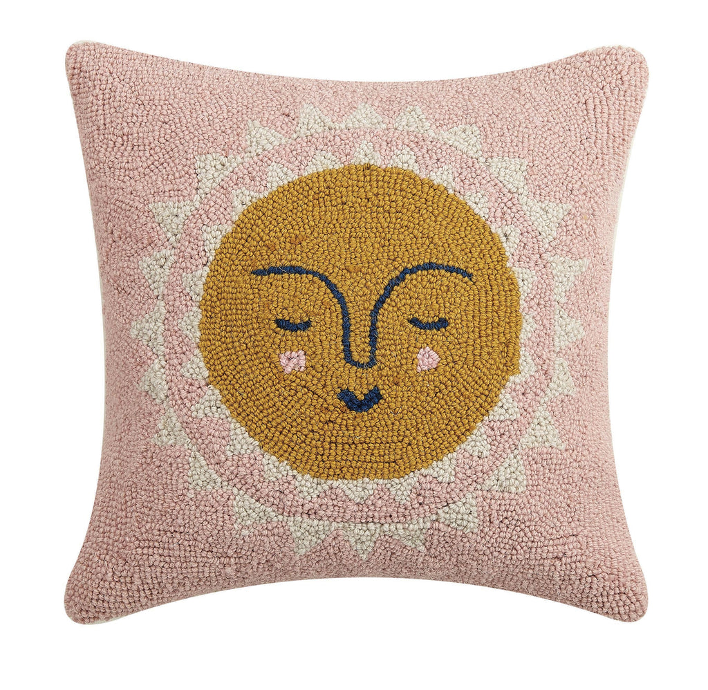 Sunny Hook Pillow     Material  Wool hook pillow, with cotton velvet backing.  Includes polyester insert, zipper closure     Dimensions  16" l x 16" h
