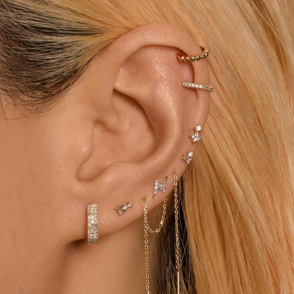 Lightning Bolt Stud Earrings with Clear CZ Stones