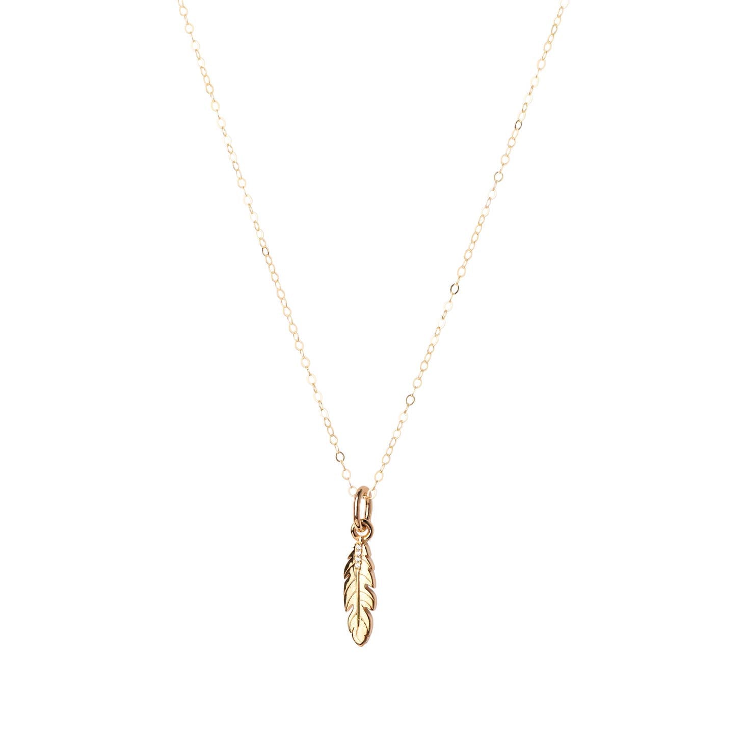 Lucky Talisman Feather With CZ Charm Necklace on Goldfill