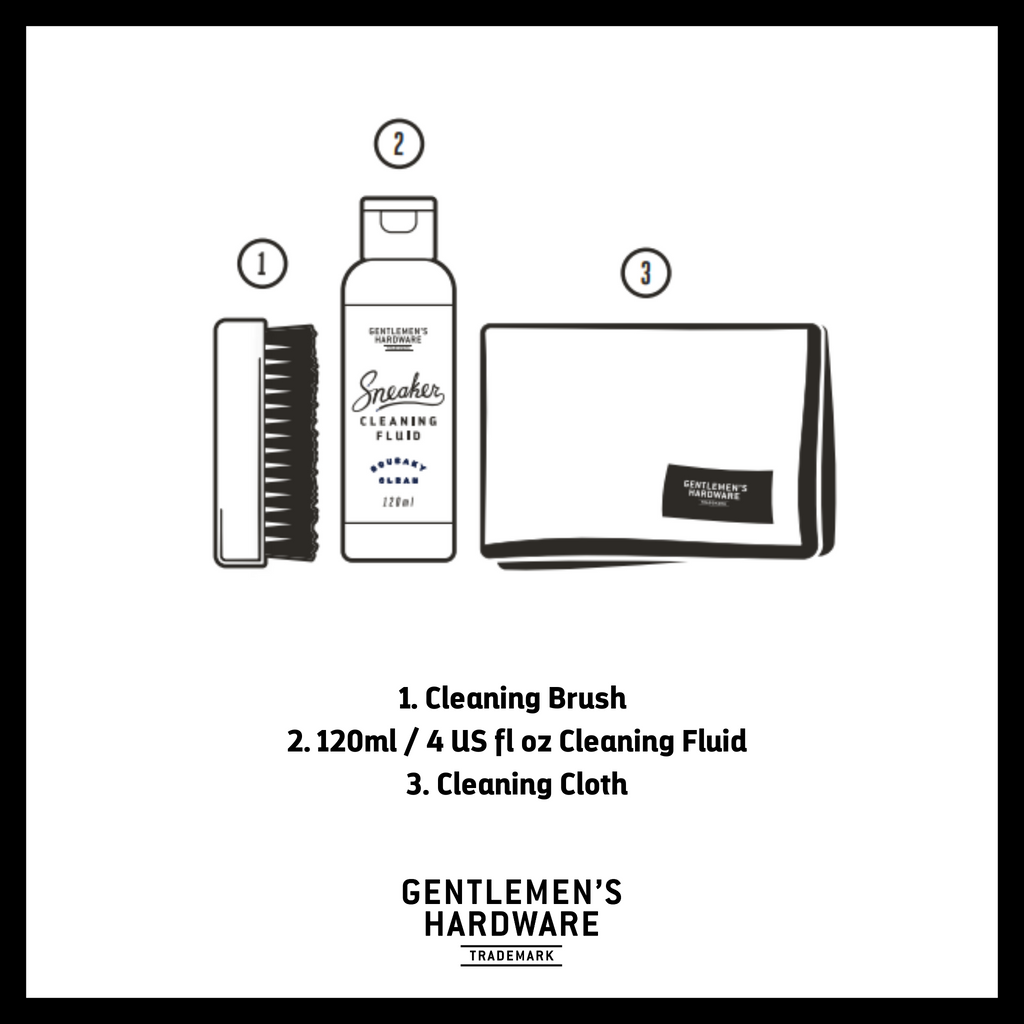 Dirty kicks will be spruced up in a flash with this Sneaker Cleaning Kit by Gentlemen's Hardware. Ideal for a swift restoration and a back to a box-fresh appearance.  Includes 120ml bottle of tough-on-stains cleaning fluid, cleaning brush and accompanying cloth Comes packaged in a handy, giftable tin. Travel-friendly