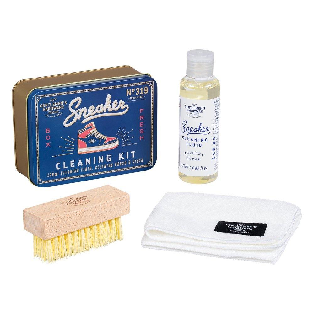 Dirty kicks will be spruced up in a flash with this Sneaker Cleaning Kit by Gentlemen's Hardware. Ideal for a swift restoration and a back to a box-fresh appearance.  Includes 120ml bottle of tough-on-stains cleaning fluid, cleaning brush and accompanying cloth Comes packaged in a handy, giftable tin. Travel-friendly