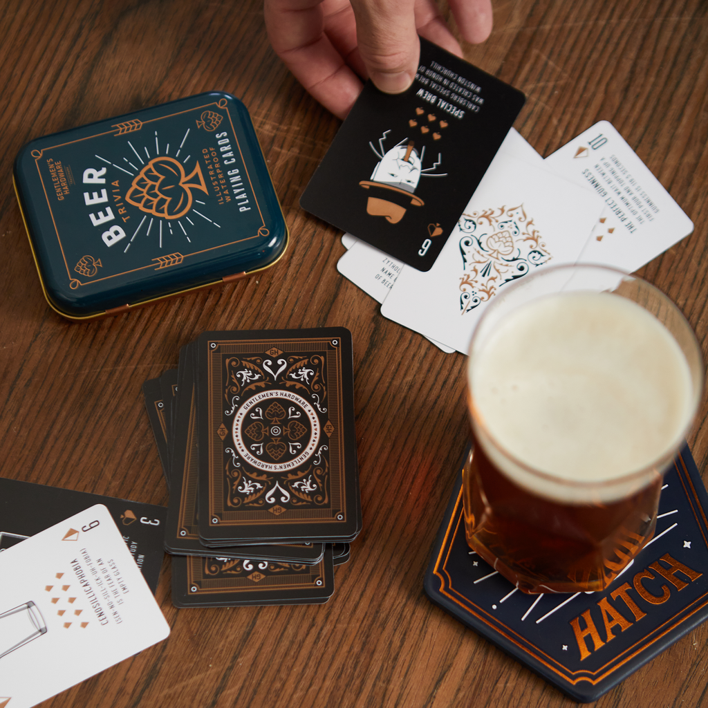 Practice your poker face or play go fish in style with our Beer Playing Cards! Whether you win or lose, these&nbsp;waterproof playing cards with beer designs make even a bad hand look good. This card deck features classic beer facts and illustrations on each playing card and a 2-piece metal tin travel case to take these waterproof deck of cards anywhere you go. This coaster set is a great gift for the bartender friend or game night host in your life.