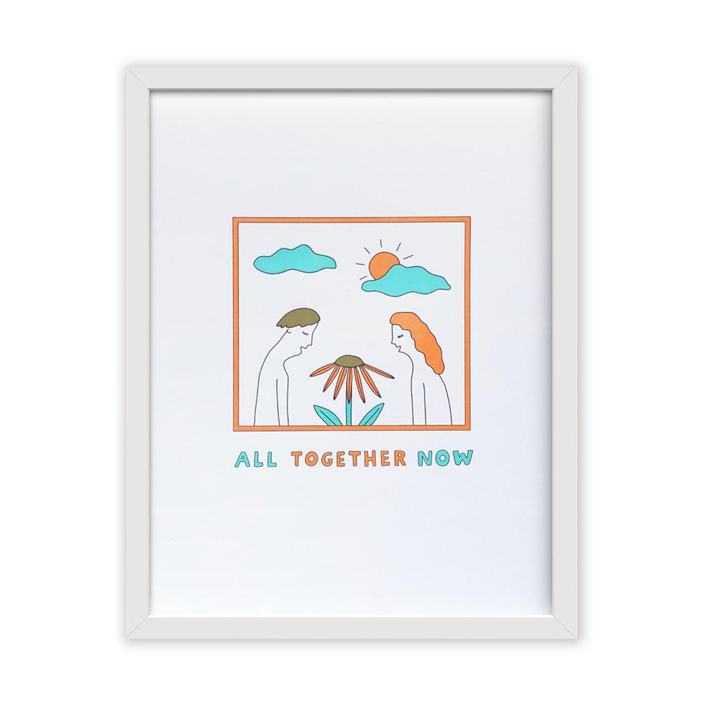 All Together Now Letterpress Art Print. Size  8 x 10. Man & Woman looking at a flower with blue clouds & orange sun.