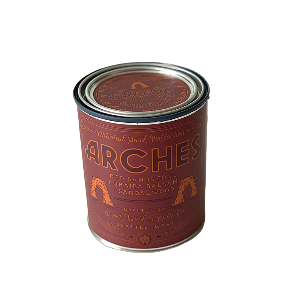 Arches- red sanstone, copaiba balsa & sandalwood   All natural soy candle handcrafted to impart the scents of the wild and pristine lands of America's National Parks. Made in small batches in Seattle, WA. All of our products are 100% vegan. 100% eco-friendly. 100% recyclable. Ethically sourced + produced. Never tested on animals. Petroleum free. GMO free. Lead free. Phthalate free. Made in the USA. 8 oz